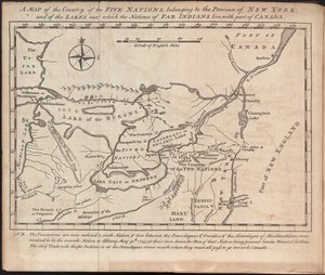 En karta över de fem nationernas land, tillhörande provinsen New York; och över sjöarna nära vilka de fjärran indianernas nationer lever, med en del av Kanada, av Cadwallader Colden av American School