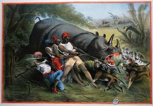 En noshörningjakt (chromolitho) av American School