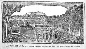 En Sachem från Abenakee Nation som räddar en engelsk officer, illustration från Bickerstaffs Boston Almanack, publicerad 1768 av American School
