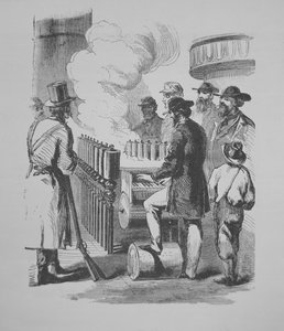 En ångdriven kalliope, använd på amerikanska ångbåtar, ca 1870 (gravyr) av American School