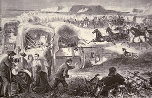 Ett vagnståg bildades till en inhägnad på Oregon Trail av American School