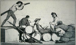 En flatbåt som fraktar last på Mississippifloden, ca 1840 (gravyr) av American School