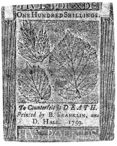 En hundra shilling sedel tryckt av B. Franklin och D. Hall, 1759 (tryck) av American School