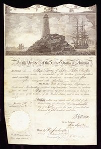Ett fartygspass för "Henry of Salem", som ber om att tillåtas säker passage, föreställande ett fartyg som seglar under amerikansk flagg och en fyr på klippor av American School