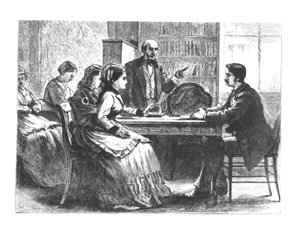 En kvinna förhandlar med en fabrikschef, assisterad av en rådgivare från Susan B. Anthonys nya Working Womens Protective Association, 1860-70-talet av American School