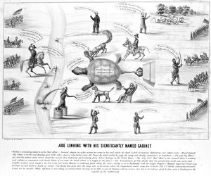 Abe Linking with his Significantly Named Cabinet, publicerad av M.E. Godwin 1864 av American School