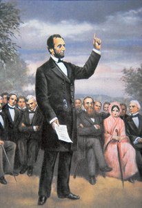 Abraham Lincoln (1809-65) håller Gettysburg-talet i Gettysburg, Pennsylvania, november 1863 (lito i färg) av American School