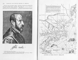Abraham Ortel Oretelius (1527-98) och hans världskarta från 1569, illustration från "Narrative and Critical History of America", pub. år 1886