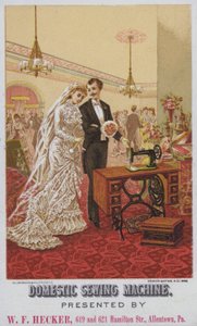 Annons för inhemska symaskiner (chromolitho) av American School
