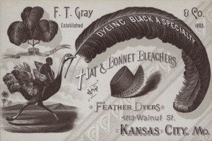 Annons för F T Grey, läktare för hatt och motorhuv och fjäderfärgare, Kansas City, Missouri, USA (litho) av American School