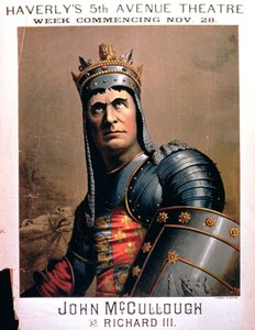 Annons för John McCullough som Richard III på Haverlys 5th Avenue Theatre, New York av American School