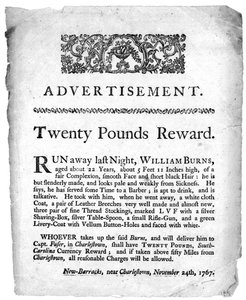 Annons för tjugo pund belöning för tillfångatagandet av William Burns, tryckt i en tidning i Charleston, South Carolina, 1767 (tryck)