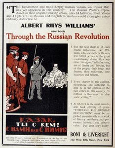 Reklam för försäljningen av boken ""The Russian Revolution"" av Albert Rhys Williams i en amerikansk tidskrift av American School
