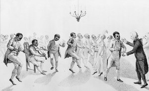 Afroamerikaner på bal med guvernör John Hancock (1737-93) från The Echo, med andra dikter av Richard Alsop (1761-1815) 1807 av American School