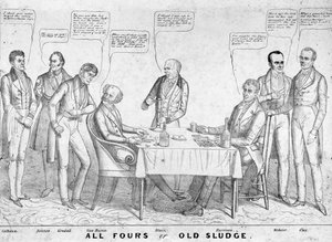 All Fours or Old Sludge, politisk tecknad serie föreställande president Martin Van Buren (1782-1862) som spelar kort mot William Henry Harrison (1773-1841) bland andra statsmän och politiker, 1836 (litho) av American School