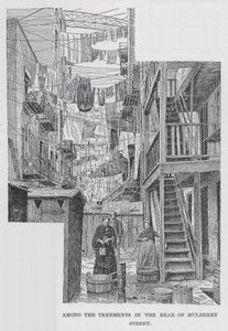 Bland hyreshusen på baksidan av Mulberry Street (litho) av American School