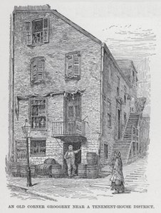En gammal Corner Groggery nära ett hyreshusdistrikt (litho) av American School