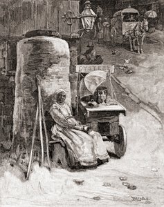 En ostronförsäljare med sin vagn nära Washington Navy Yard, Washington D.C., på 1800-talet, från "The Century Illustrated Monthly Magazine", publicerad 1884 (gravyr) av American School