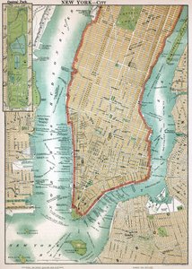 Antik karta över Lower Manhattan och Central Park av American School
