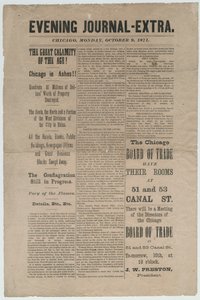 Artikel från Chicago Evening Journal-Extra angående branden i Chicago 1871, 9 oktober 1871 (tidningspapper)