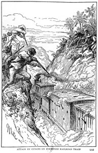 Attack av kubaner på befästa järnvägståg, illustration från The Story of Cuba av Murat Halstead, publicerad 1898 av American School