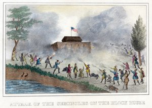 Attack of the Seminoles on the Block House, pub. 1836 (handfärgad gravyr) av American School