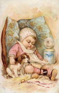 Baby med valp som dricker ur flaska, reklam för konserverad mjölk av American School