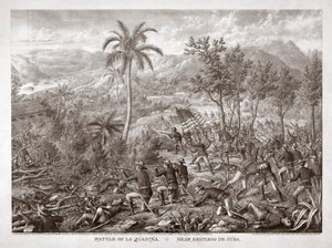 Slaget vid La Quasina, nära Santiago de Cuba, pub. 1898 (gravyr) av American School