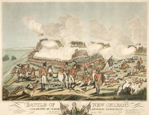 Slaget vid New Orleans och generalmajor Packenhams död den 8 januari 1815, pub. 1815 (färgad gravyr) av American School