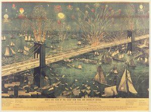 Fågelperspektiv över Great New York och Brooklyn Bridge och den stora fyrverkeriuppvisningen på öppningskvällen 1883 av American School