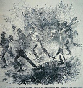 Svarta trupper från unionsarmén tar in tillfångatagna vapen under belägringen av Petersburg (1864-65) (litho) av American School