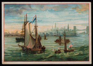 Båtar i New Yorks hamn, gratulationskort. (chromolitho) av American School