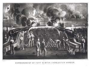Bombardemang av Fort Sumter, Charlestons hamn från Fort Moultrie, 12 och 13 april 1861, publicerat av Currier and Ives. av American School
