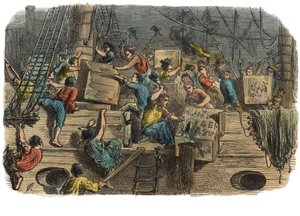 Boston Tea Party, ca 1860-talet (handfärgad gravyr) av American School
