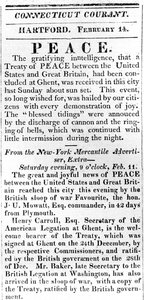 Bredsida som tillkännager fred mellan USA och Storbritannien efter kriget 1812, tryckt i Connecticut Courant, 1815 (tryck) av American School