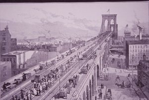 Brooklyn Bridge strax efter öppningsceremonin, publicerad 26 maj 1883 (gravyr) av American School