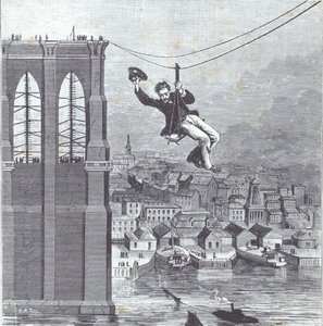 Brooklyn Bridge under konstruktion; Herr Farrington, byggnadsövervakare, är den första som korsar spännvidden mellan de två pylonerna den 25 augusti 1876 (gravyr) av American School