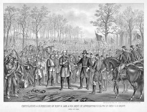 Kapitulation och kapitulation av Robert. E. Lee & His Army i Appomattox Chi., Va. till Lt. Gen. U.S. Grant, 9 april 1865, pub. 1885 (gravyr) av American School