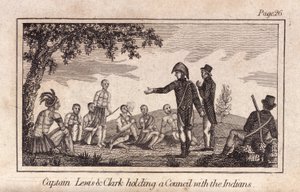 Kapten Lewis & Clarke håller ett råd med indianerna, pub. 1812 (gravyr) av American School