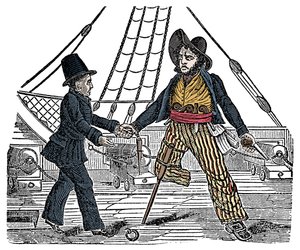 Kapten Mackra och piraten har träben Gravyr från "The Pirates Own Book"" 1800-talet av American School