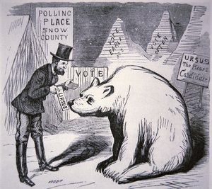 Tecknad film föreställande amerikansk politiker som försöker hitta väljare i obebodda Alaska av American School