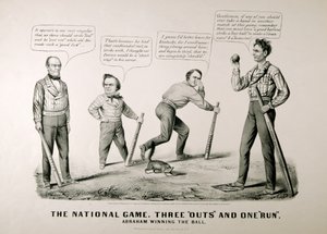 Tecknad serie som visar Abraham Lincoln (1809-65) vinna bollen mot sina motståndare Douglas, Bell och Breckenridge i presidentvalet 1860, 1860 av American School