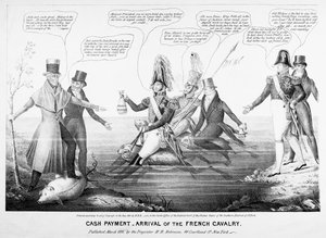 Kontantbetalning - Det franska kavalleriets ankomst, publicerad av H.R. Robinson, New York, 1836 (graverat) av American School