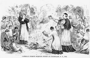 Katolska präster som bränner biblar i Champlain, New York, illustration från en anti-katolsk broschyr, 1842 av American School