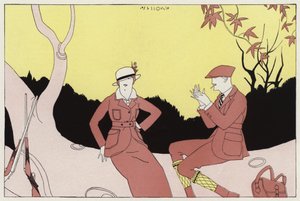 Slumpmässigt möte mellan ett tidigare gift par, en scen ur novellen A Chance Meeting av J A Waldron (färglitografi) av American School
