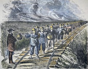 Charles Crocker (1822-88) och hans kinesiska arbetsstyrka som konstruerade Central Pacific Railroad, färdigställda 1869 (lito i färg) av American School