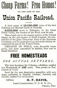 Cheap Farms and Free Homes on the Union Pacific Railroad line, annons från Appletons Journal, 4 maj 1872 av American School