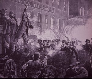 Chicago Haymarket Labor Riot från 1886, gravyr publicerad i Harper