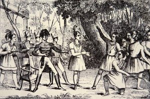 Chef Tecumseh (1768-1813) trotsar general Harrison (1773-1841) (gravyr) av American School