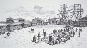 Kinesiska immigranter eller "coolies" som anlände till San Francisco för att arbeta på den transkontinentala järnvägen under 1860-talet (litho) av American School